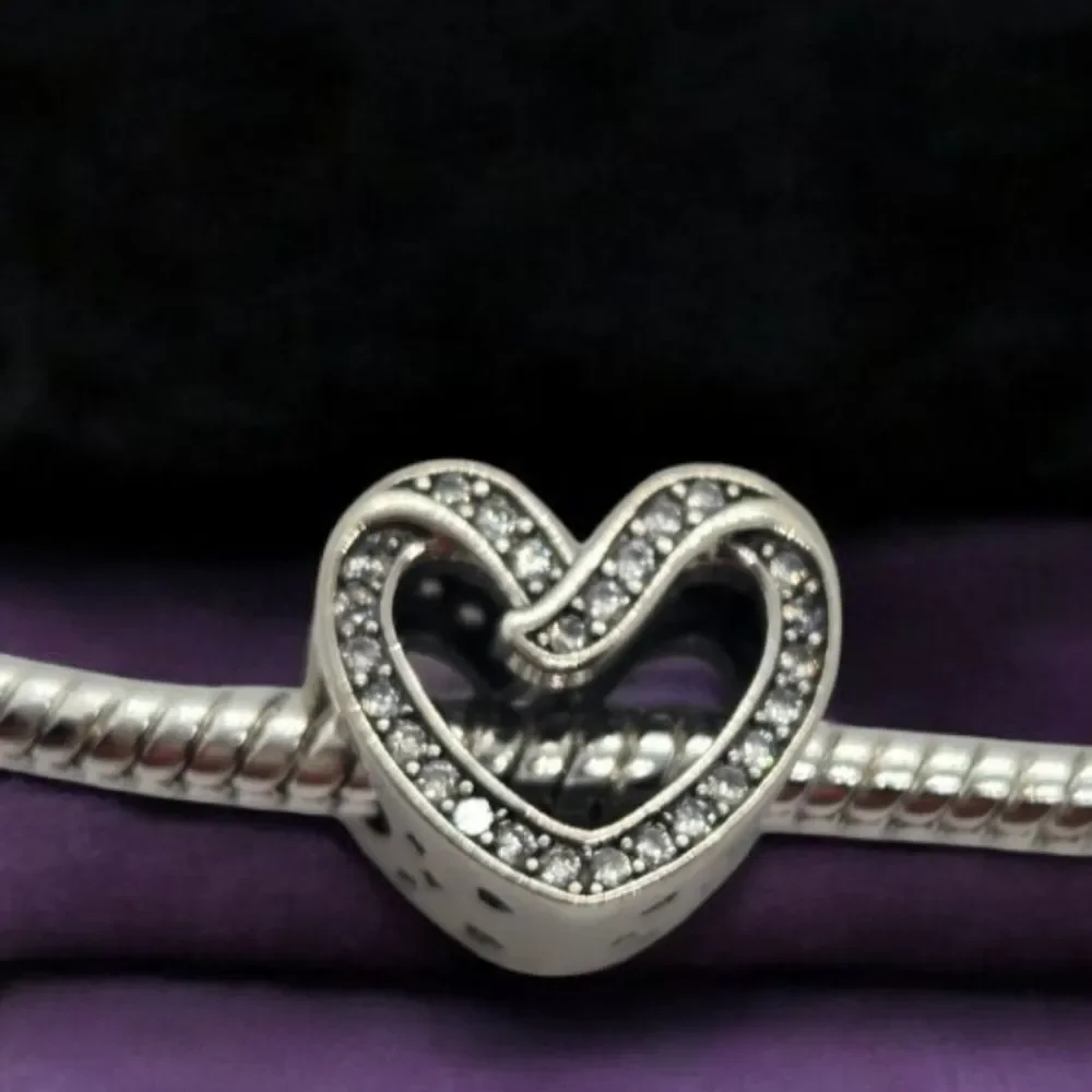 Rhinestone Heart Charm S925 Sterling Silver Slide-On Bracelet Pendant Jewelry